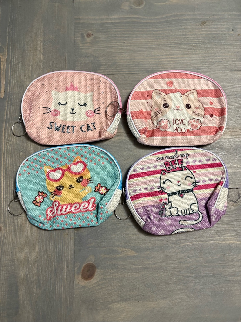 Cute Cat Zipper Coin Pouch for Kids - Assorted Pink, Teal & Purple - 4 pack